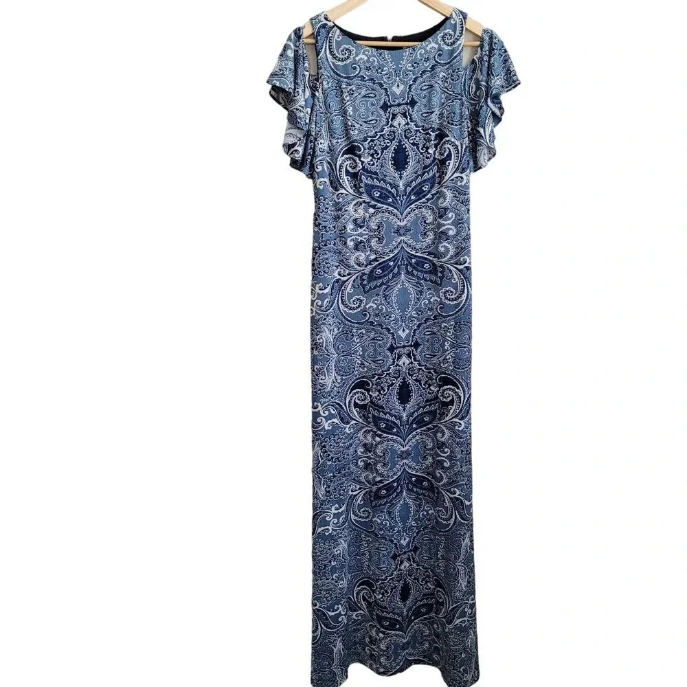 Eliza J Womens Cold Shoulder Paisley Maxi Dress Size 8 Blue Long Stretchy